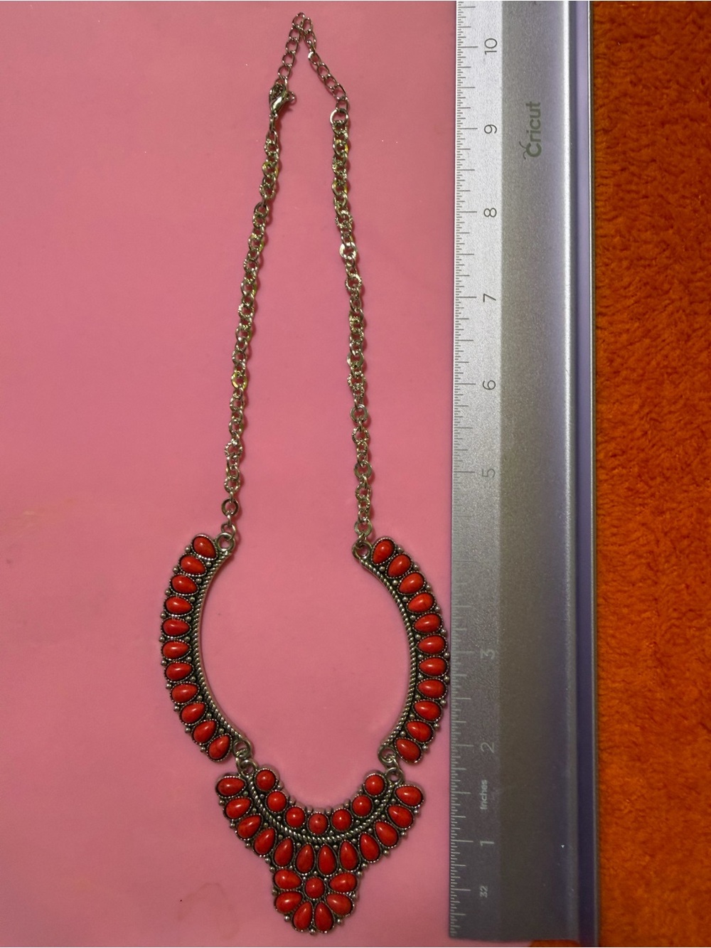 Red Cabochon Bib Statement Necklace Silver Tone Southwestern Boho Tribal